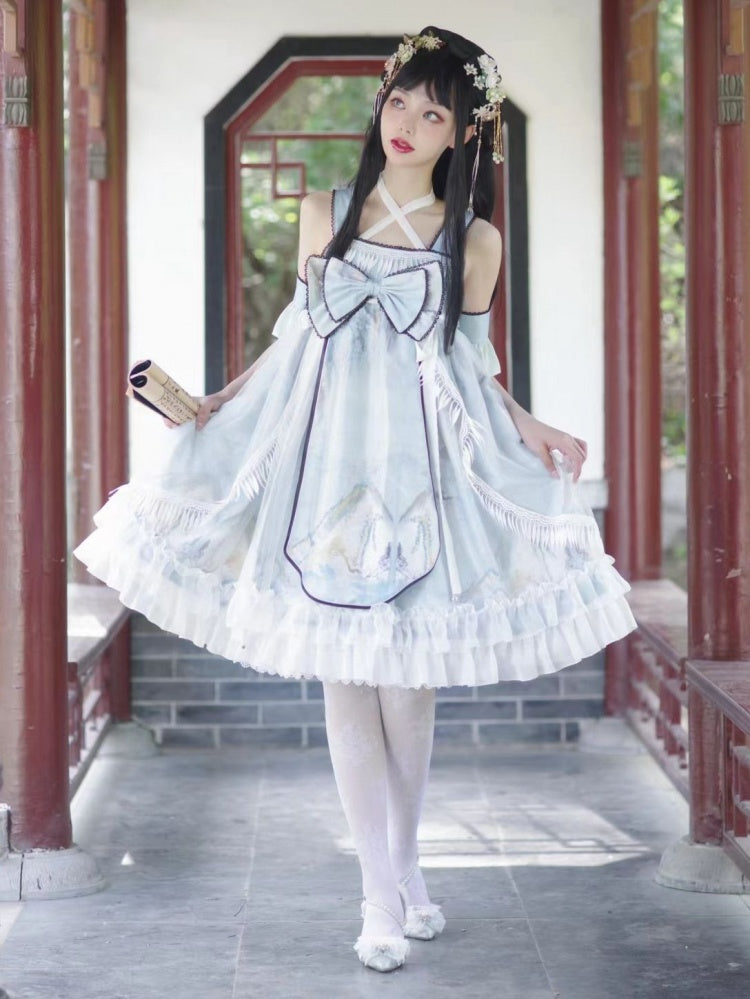 Link Landscape Print Han Lolita Big Bow Jumper Skirt