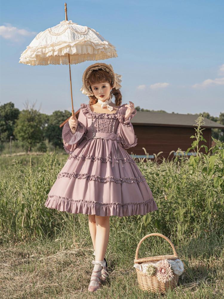 Square Neckline Smocked Elastic Front Bodice Ruffle Hemline Long/Short Sleeves Lolita OP