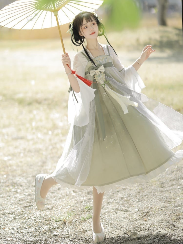 Light Green Floral and Butterfly Embroidery Han Slip Dress