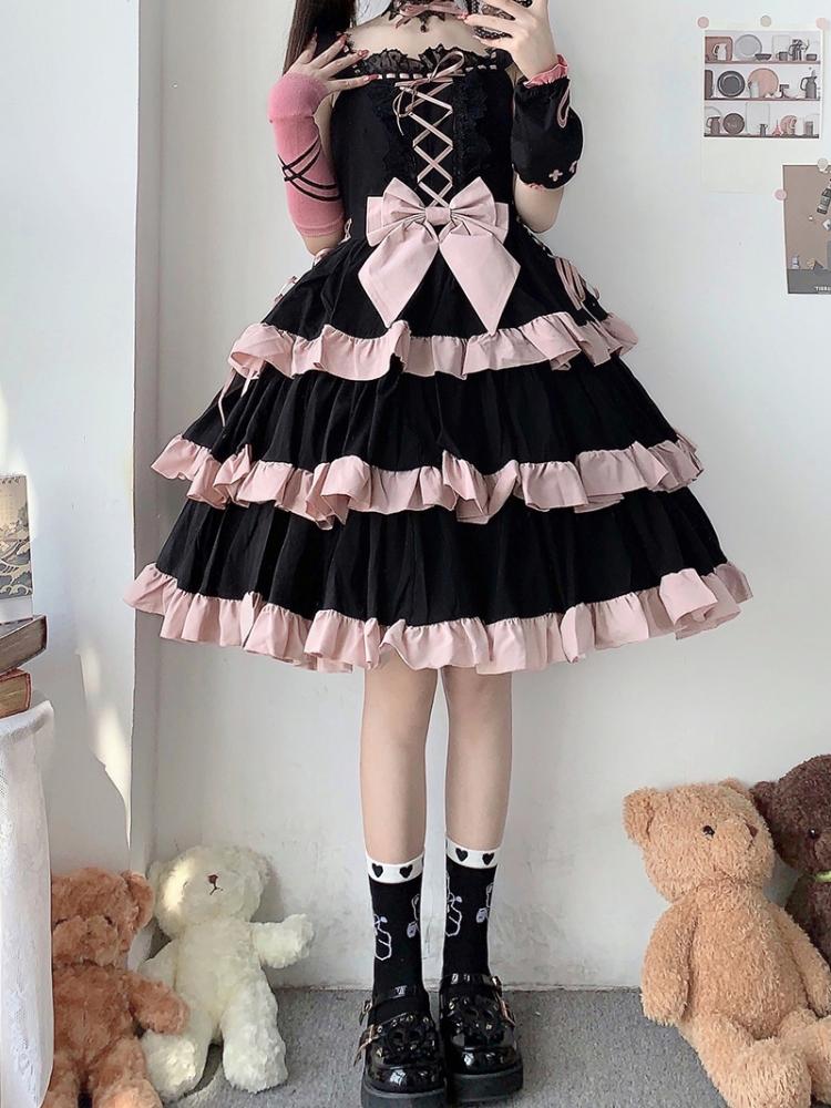 Lace-Up Detail Sweet Jumper Skirt Tiered Skirt Dress/Full Set Long Version