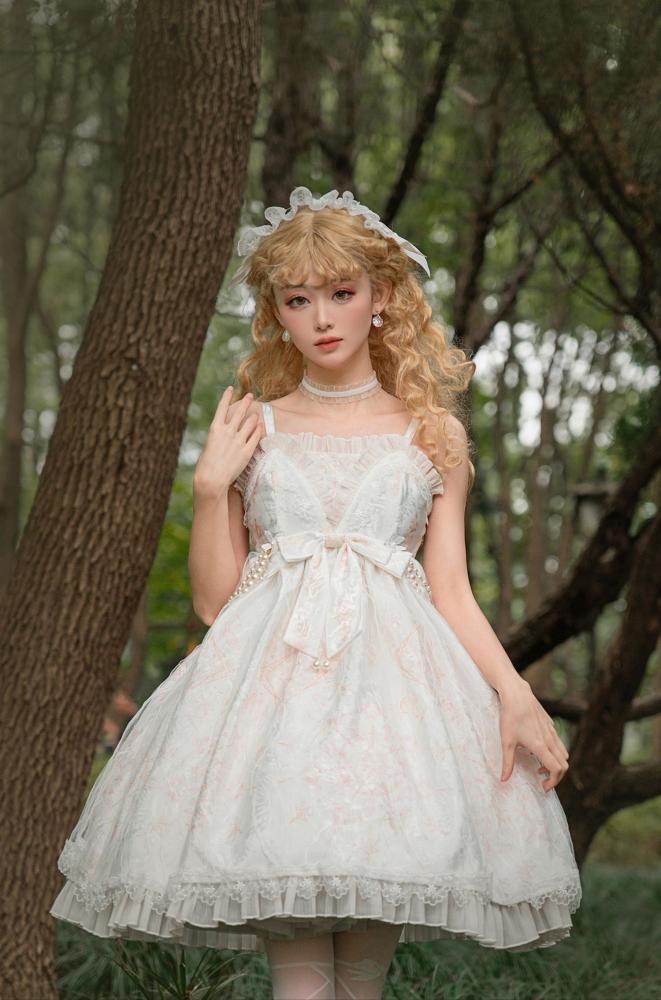 White Day Moon Print Big Bow Ruffle Trim Jumper Skirt