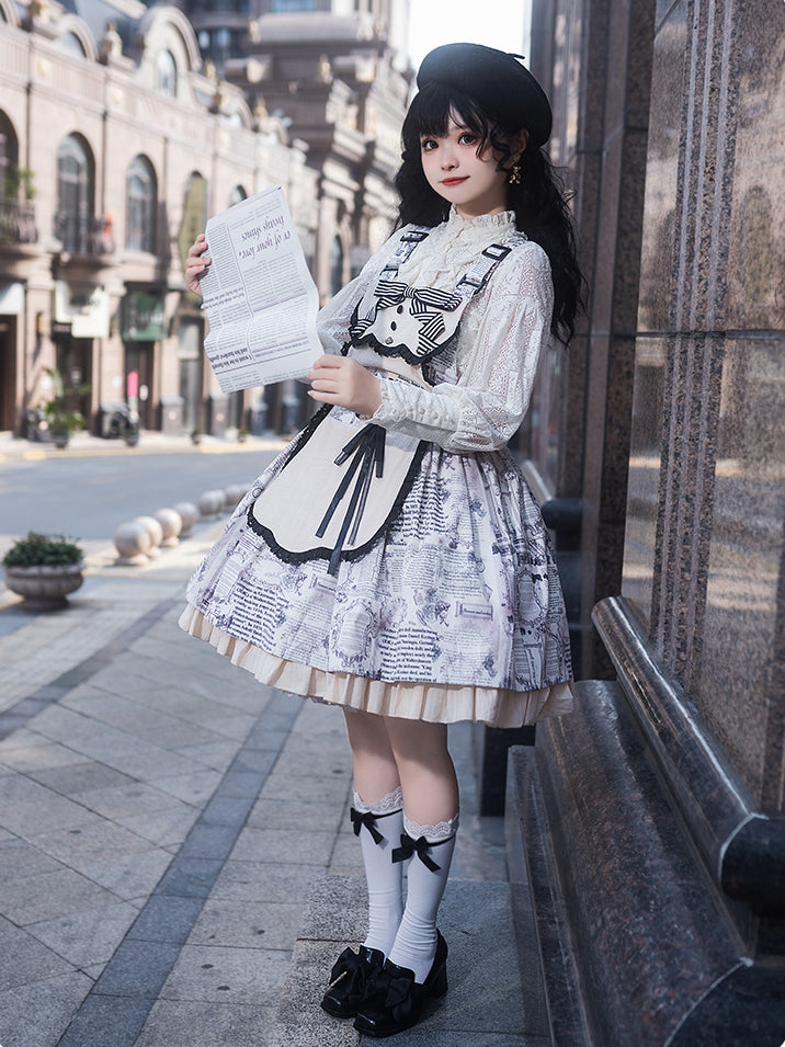 Berlin Daily Paper Apron Design Newspaper Print Ruffle Hemline Overall Dress