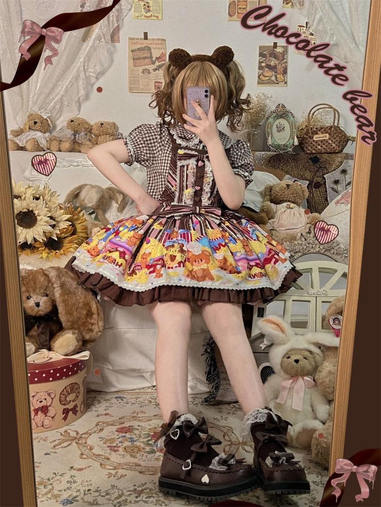 Little Bear and Pot Built-in Petticoat Bear and Biscuit Print Overalls