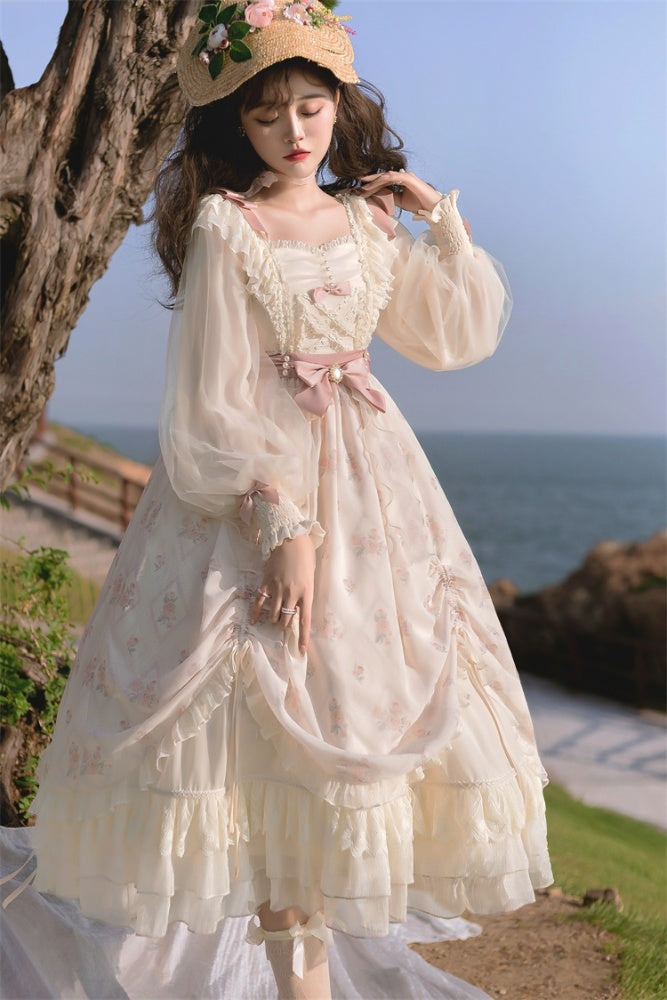Time Letter Paper Floral Print Bowknot Details Drawstring Ruffle Hem Long Sleeves One Piece