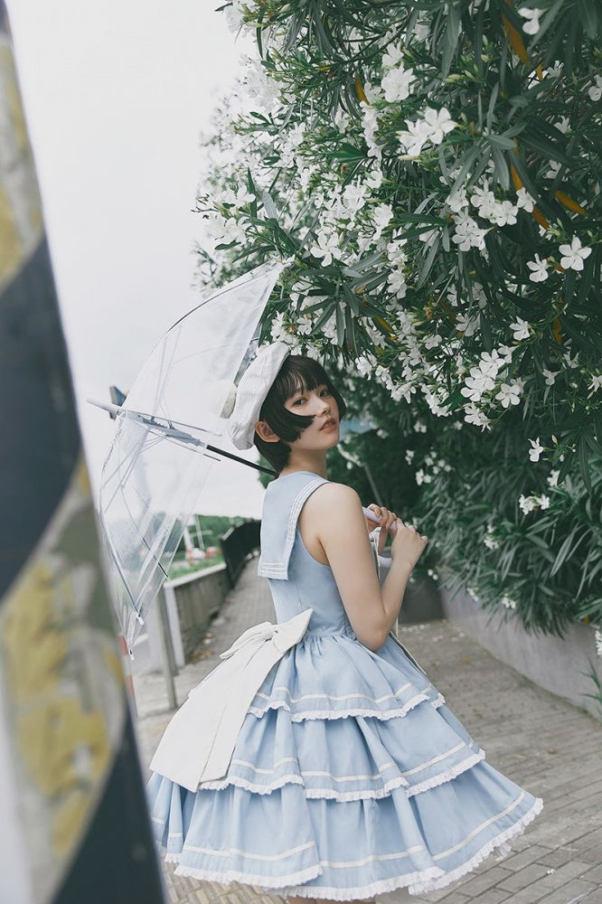 Untitled Sea Breeze Light Blue Sailor Lolita Tiered Skirt Jumper Skirt