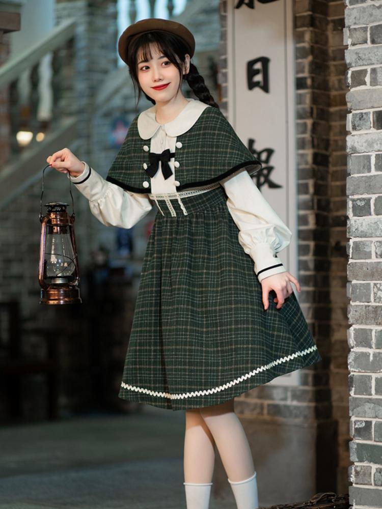 Southern Theater Green Plaid Pattern Peter Pan Collar OP