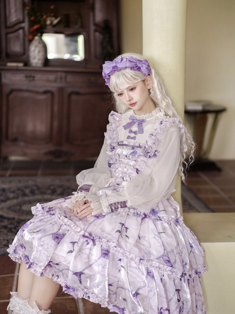 White and Purple Fake Two-pieces Design Floral Print Ruffle Bodice Long Sleeves Lolita OP