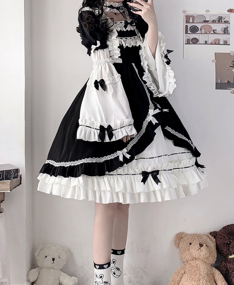 White Night Aurora Black and White Old School One Piece with Removable Bell Sleeves