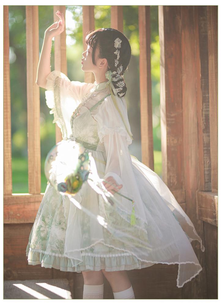 Swan Castle Print Green Qi Style Jumper Skirt/Full Set Embroidery Ruffle Hem