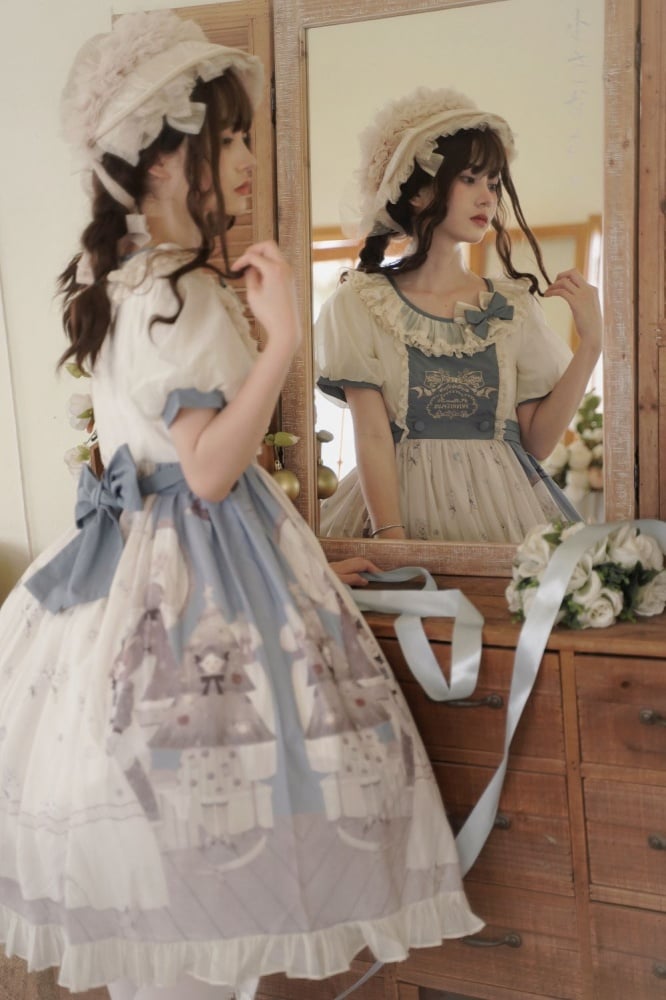 Spring Curtain Country Style Little Girl Print Embroidery Round Neck Bowknot Details Short Sleeves One Piece