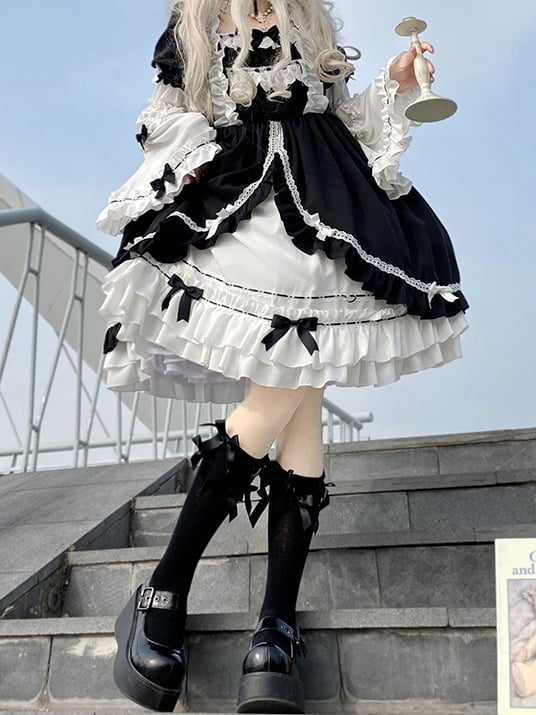 White Night Aurora Black and White Old School One Piece with Removable Bell Sleeves