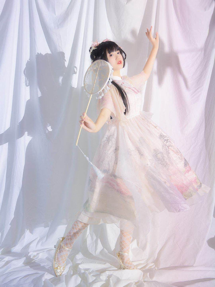 In Stock Mountains-and-waters Painting Print Irregular Hem Chinoiserie Style Short Sleeves One Piece