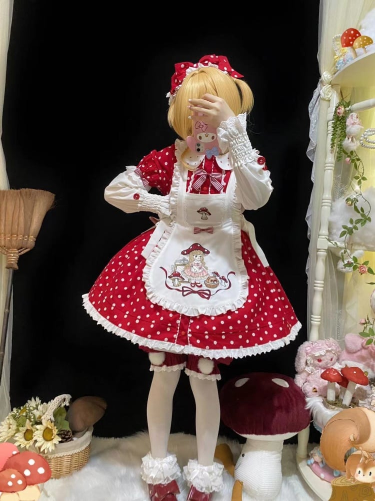 Picking Mushroom White and Red Polka-dot Pattern Short Sleeves One Piece