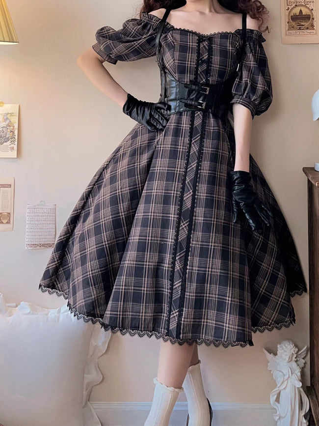 Plaid Pattern One Piece Short Sleeves Elegant Dress
