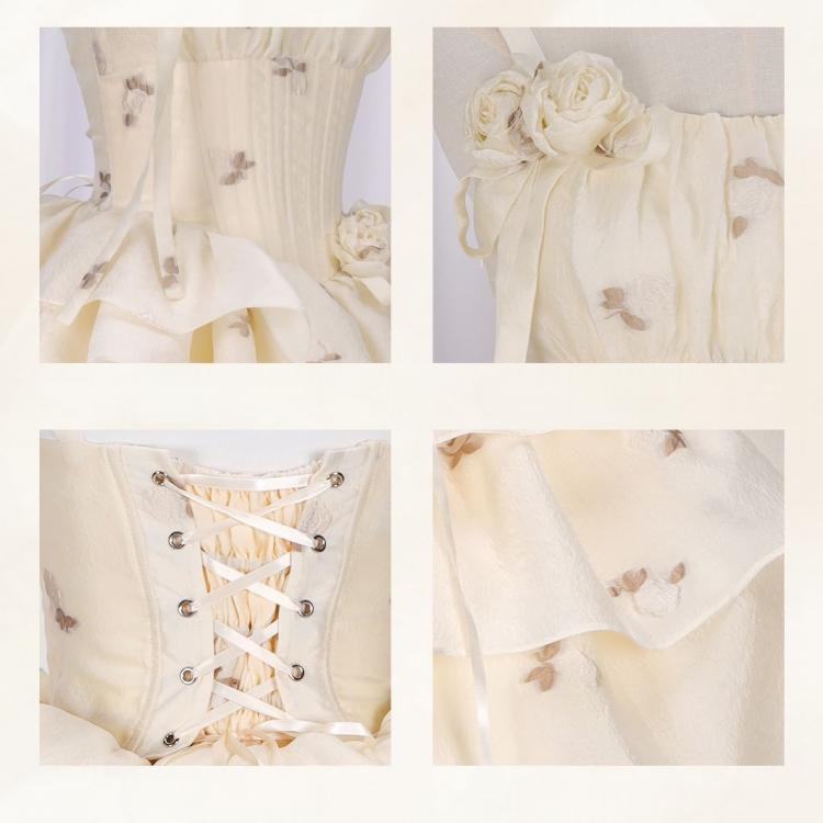 Light Yellow Floral Pattern Boned Bodice Jumper Skirt with Rosette Brooches Short Version