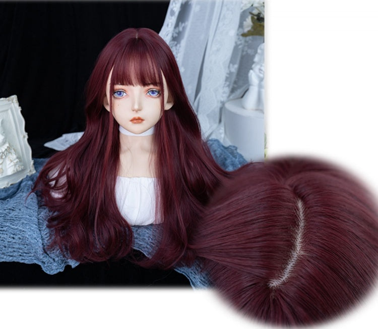 Wine Red Long Synthetic Wavy Wig with Full Bangs