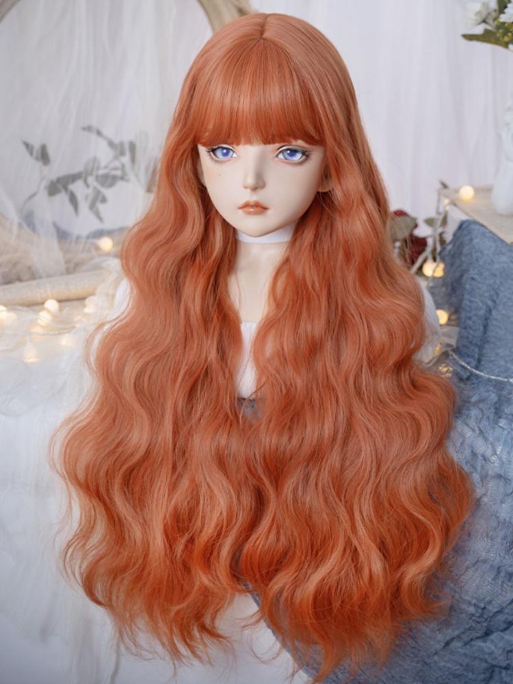 Orange Waist Length Synthetic Wavy Wig with Full Bangs