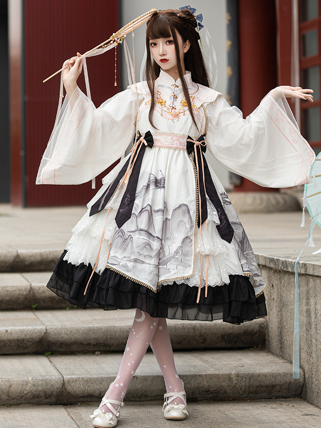 In Stock Black and White Chinoiserie Mountains-and-waters Painting Print Long Sleeves One Piece