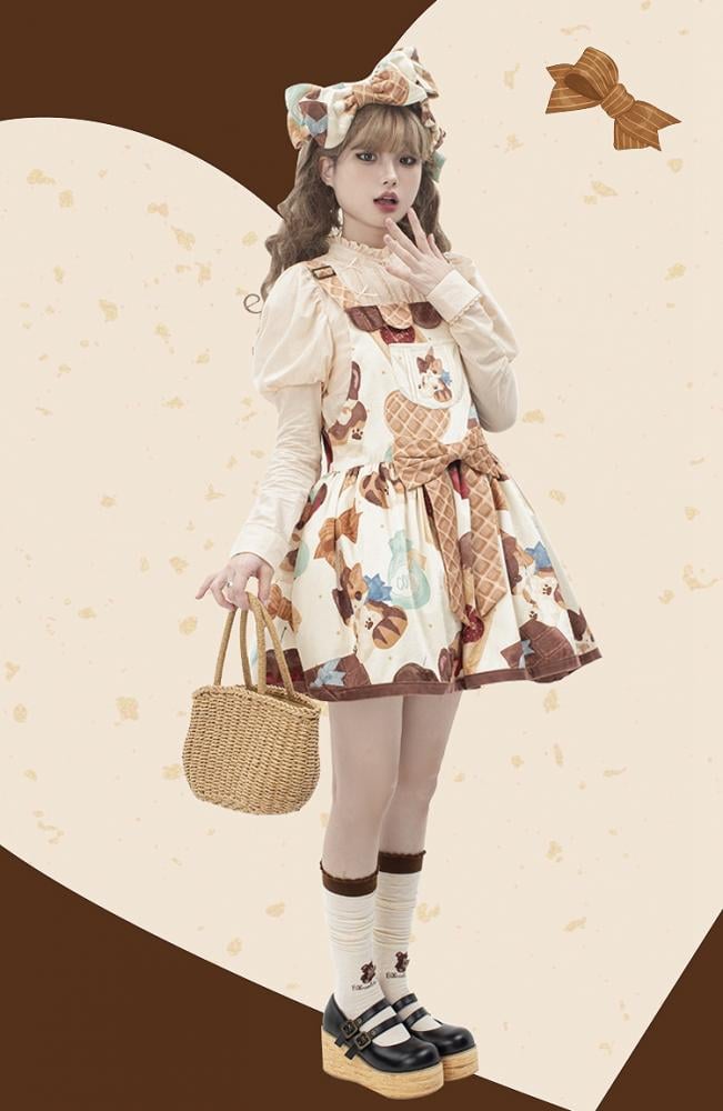 Muffin Kitten Series Dessert and Cat Print Sweet Overall Dress