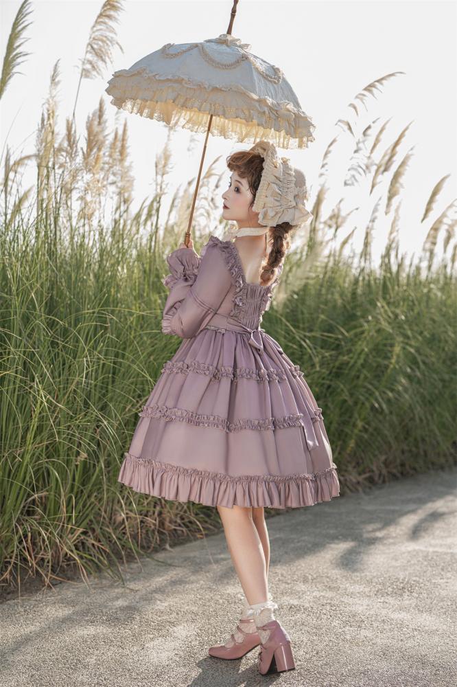 Square Neckline Smocked Elastic Front Bodice Ruffle Hemline Long/Short Sleeves Lolita OP