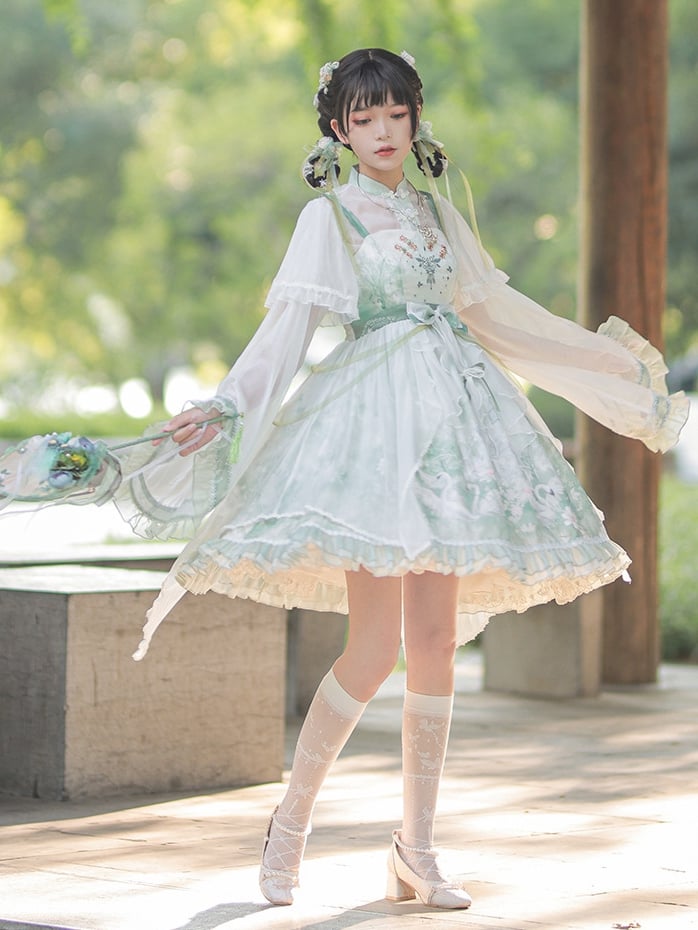 Swan Castle Print Green Qi Style Jumper Skirt/Full Set Embroidery Ruffle Hem