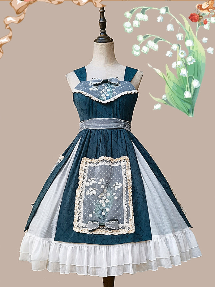 Lily of the Valley Color Dark Green Bowknot Details HIgh Waist JSK