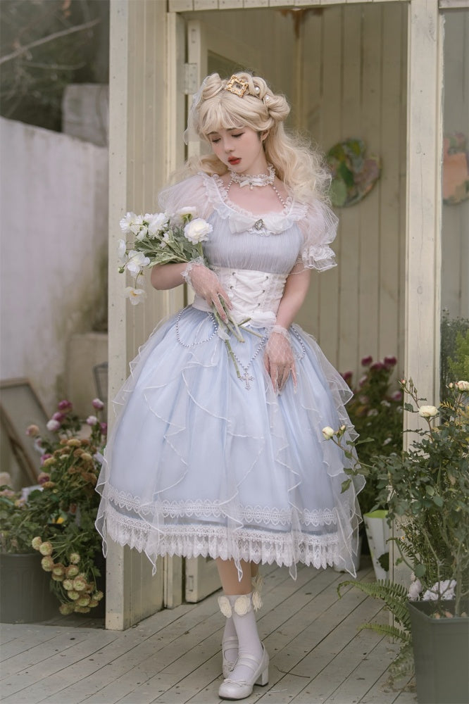 Mermaid Tears One Piece Halter Neck Puff Sleeves Tiered Skirt and Ruffle Trim
