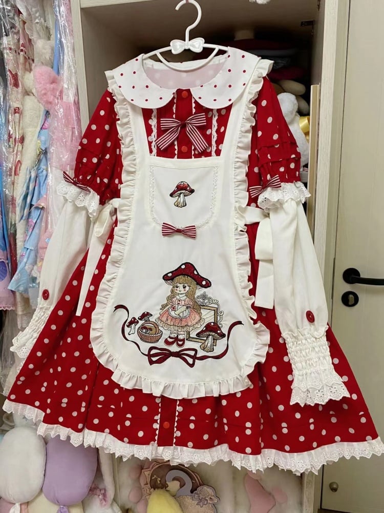 Picking Mushroom White and Red Polka-dot Pattern Short Sleeves One Piece