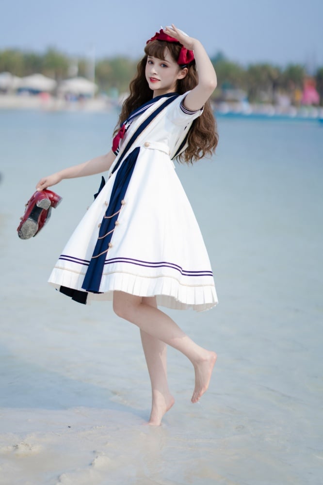 Sea Breeze Dark Blue Sailor Collar One Piece High Waist Sweet Dress with Bow Tie and Ribbon