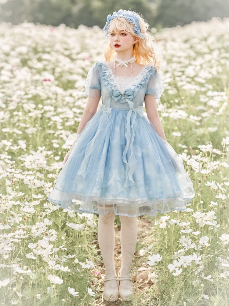 Sweet Bowknot Details Ruffle Neckline Beads Halter Neck Short Puff Sleeves One Piece