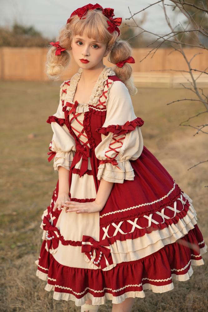 Wine Red Bowknot Details One Piece Snow White Dress/Full Set Square Neckline