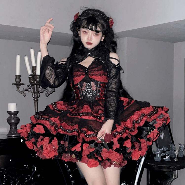 Rose Thorn Color Red Sweetheart Neckline Floral Embroidery Jumper Skirt Short Version