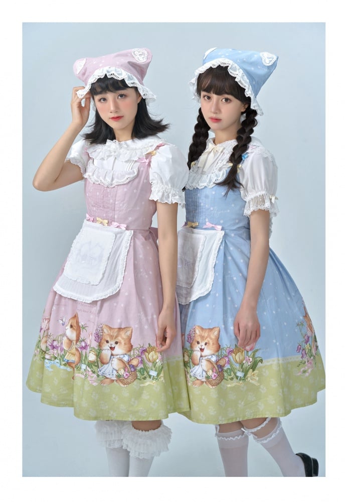 Pink Cat Print Lace Trim Bowknot Details Jumper Skirt