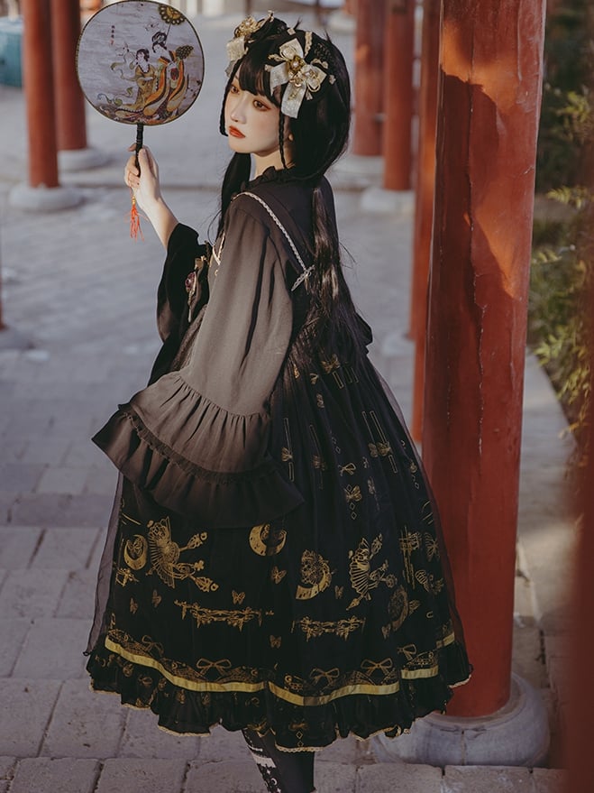 Daytime Fantasy Night Archaic Style Pattern Print Design Gold Stamping JSK