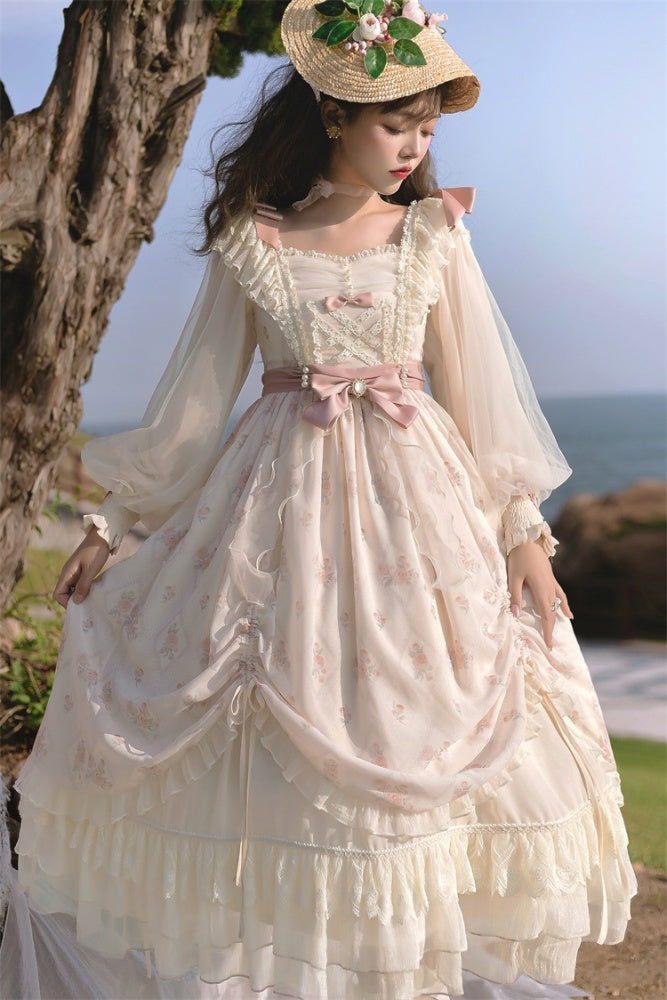 Time Letter Paper Floral Print Bowknot Details Drawstring Ruffle Hem Long Sleeves One Piece