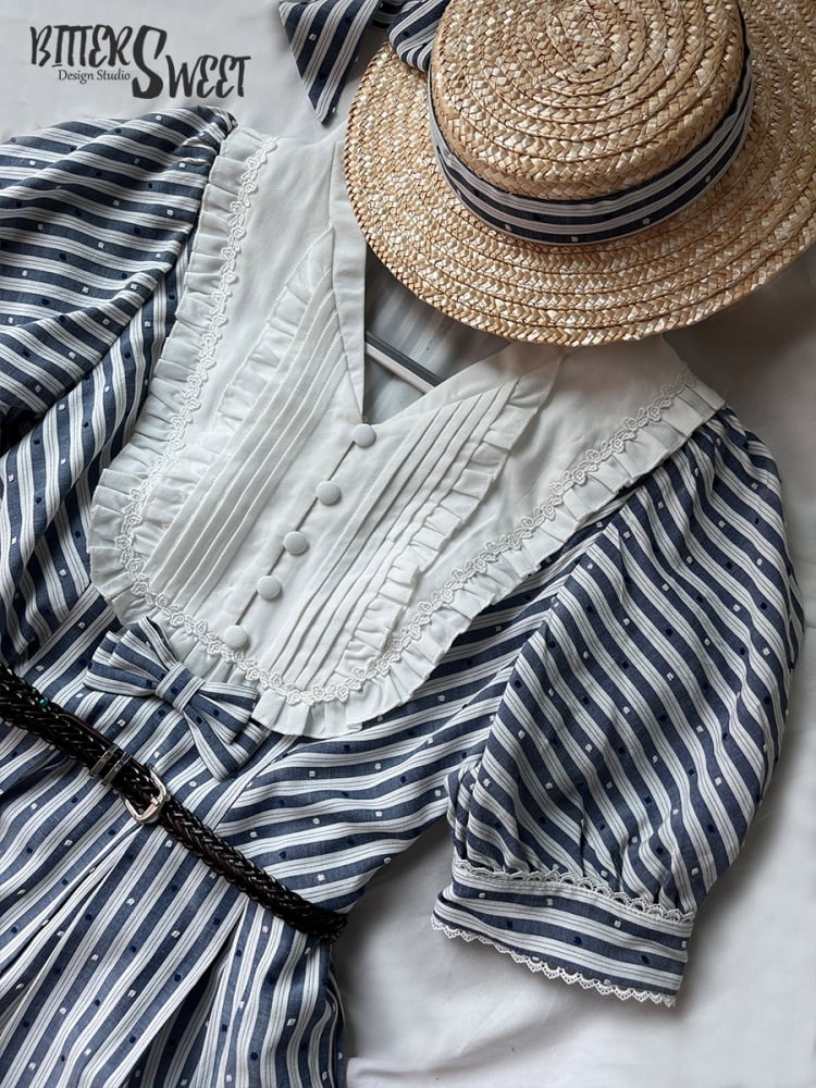 Three Colors Banded Collar Striped Pattern Short Sleeves One Piece