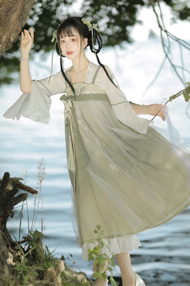 Light Green Floral and Butterfly Embroidery Han Slip Dress