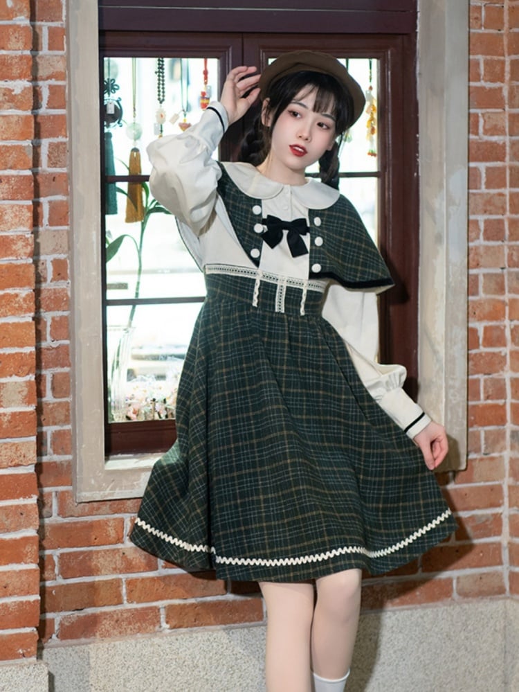 Southern Theater Green Plaid Pattern Peter Pan Collar OP
