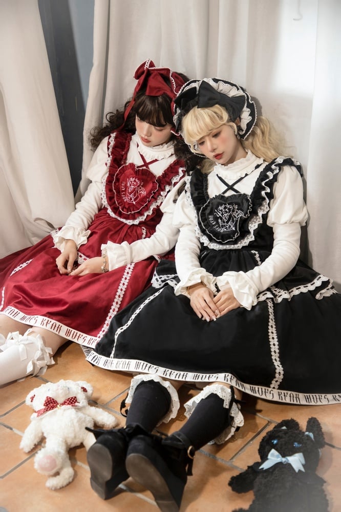 In Stock Runaway Bear Emboridery Heart-shaped Neckline Letter Print Hemline Velvet Jumper Skirt