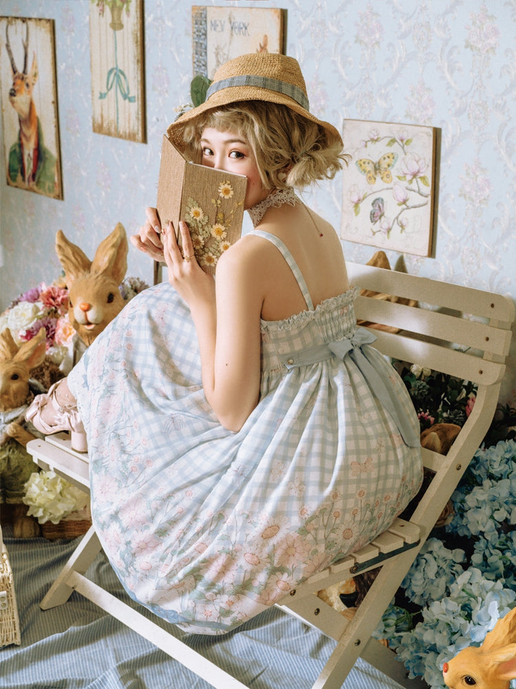 Margaret Floral Print Bowknot Details Gingham Pattern V-neck Jumper Skirt