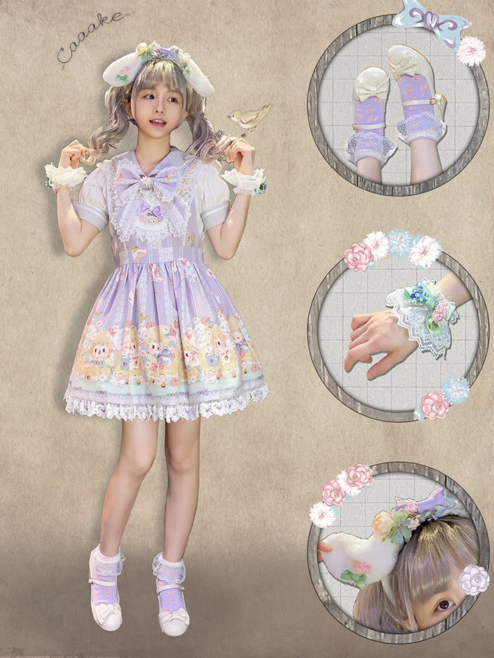 Lamb Print Bowknot Details Jumper Skirt