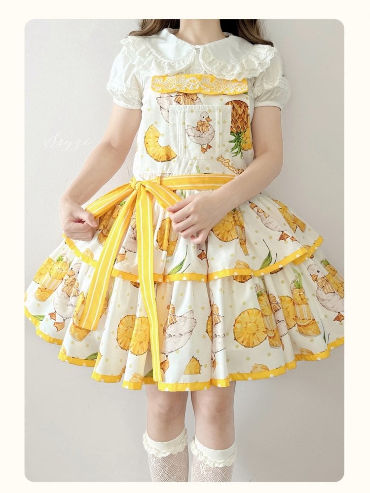 Pineapple and Duck Print Yellow Overalls Polka-dot Pattern Dress