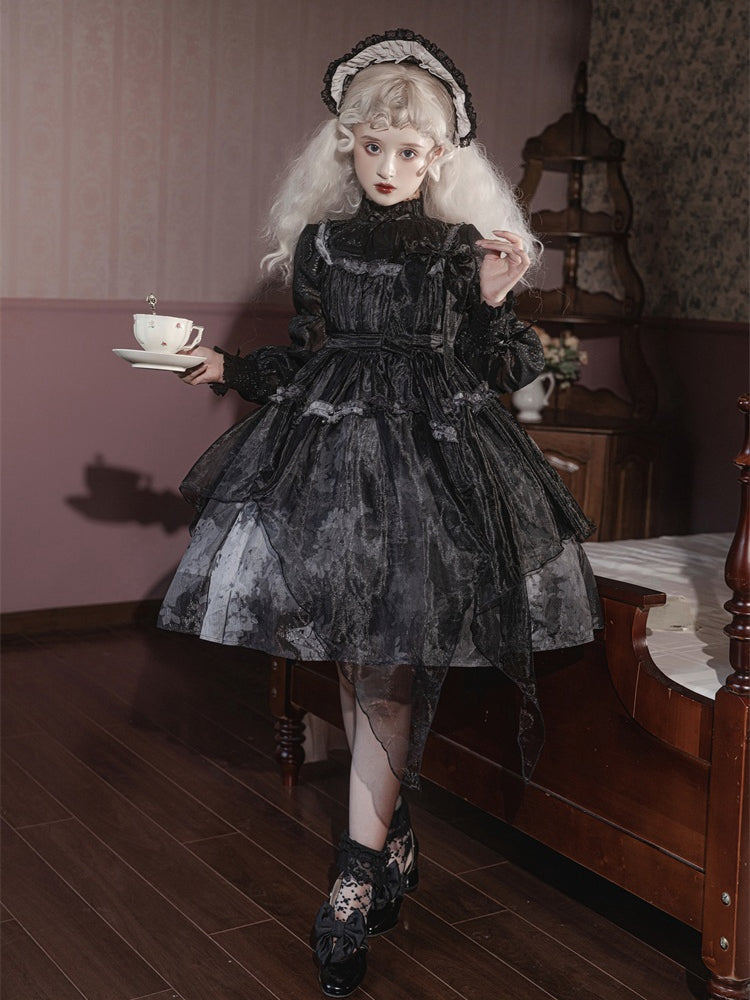 Withered Leaves Print Handkerchief Overlay Hem Empire Waist Jumper Skirt + Blouse Set