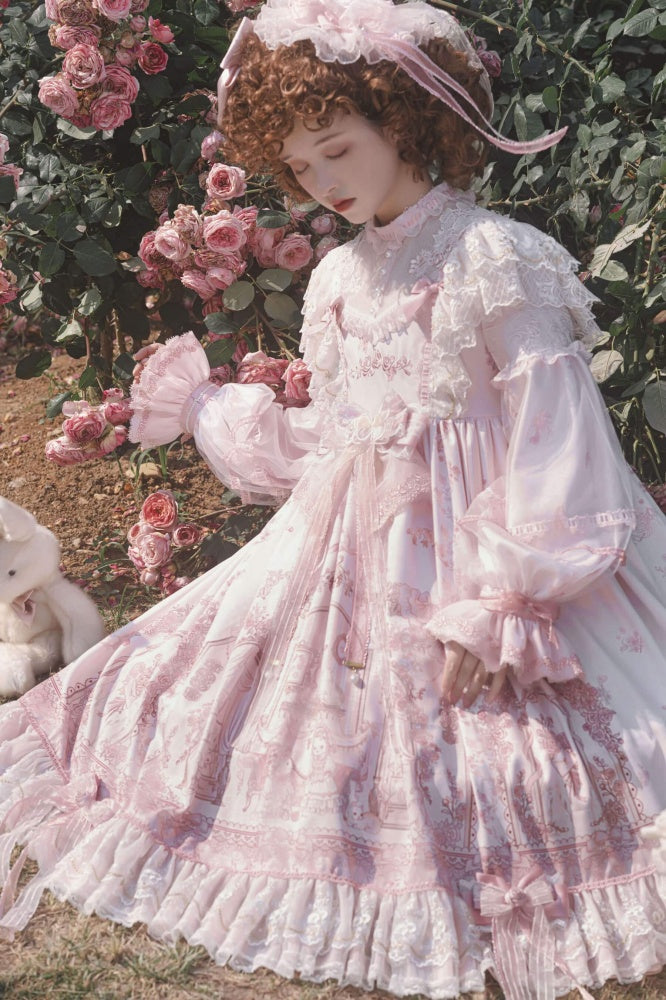 In Stock Sunset Scene High Waist Bowknot Details Long Sleeves Hime One Piece Full Set