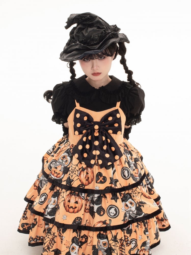 Strawberry Milk Ball Orange Bowknot Detail Strawberry Print Tiered Hem Jumper Skirt