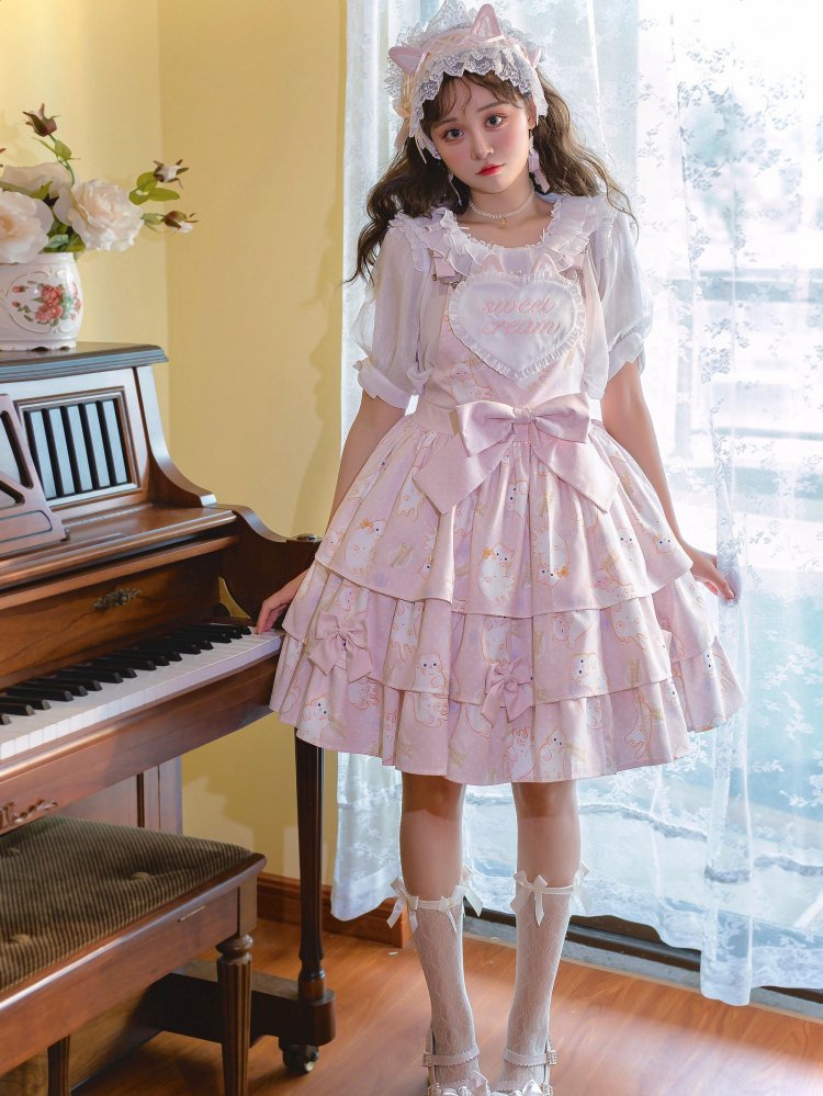 In Stock Kitty Print Bowknot Details Tiered Ruffle Hem Overall Dress