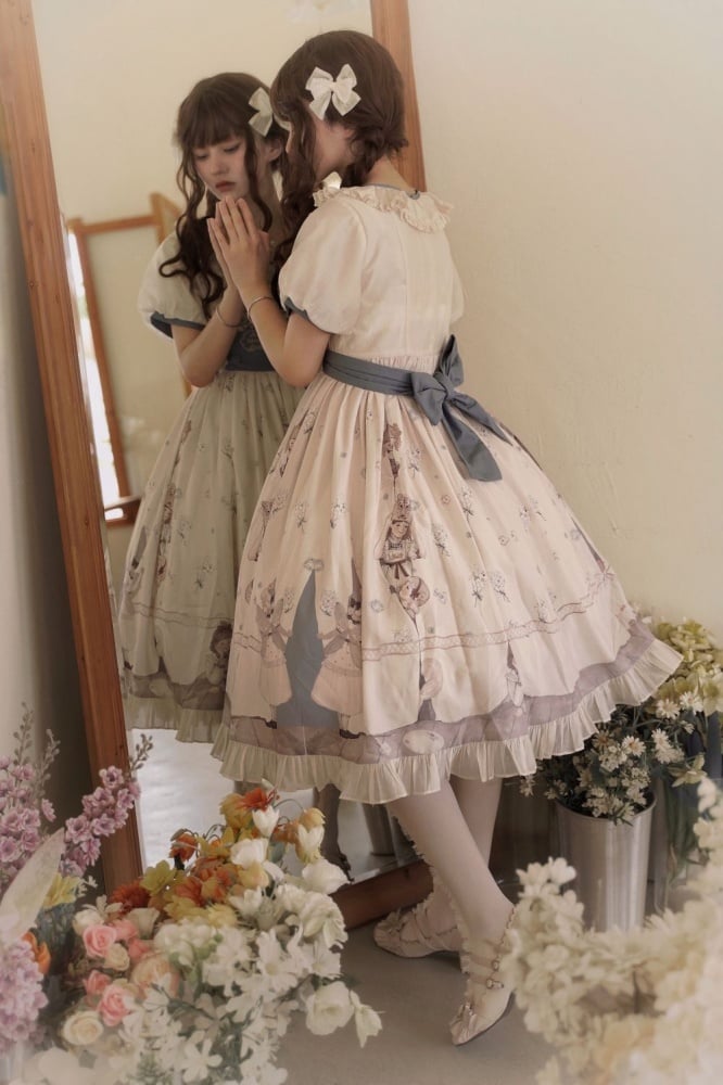 Spring Curtain Country Style Little Girl Print Embroidery Round Neck Bowknot Details Short Sleeves One Piece