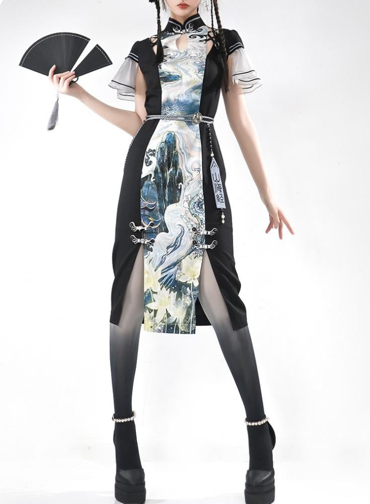 The Mountain Han Elements Banded Collar Cutout Detail Slit Dress