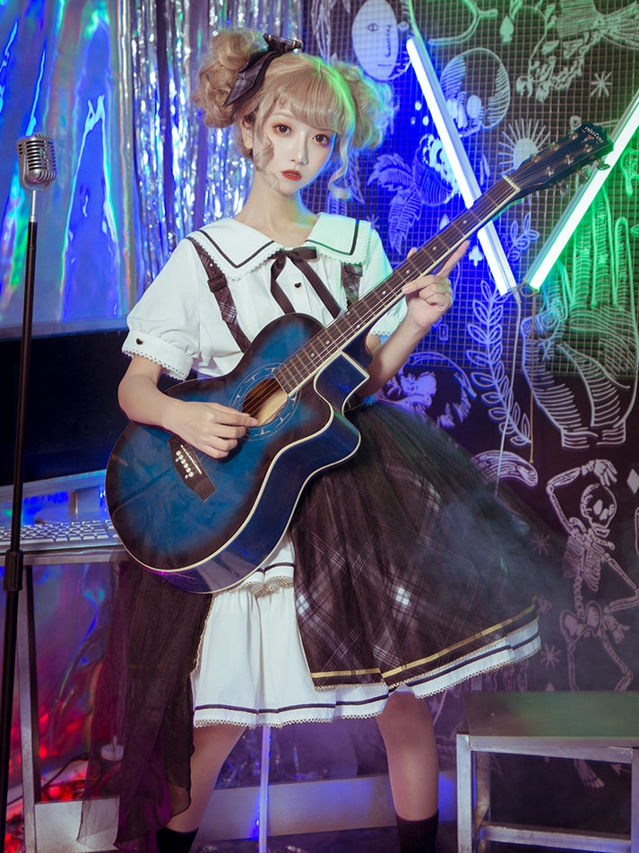 In Stock Plaid Tiered Flounce Hem Idol Overall Skirt+ White Shirt Set