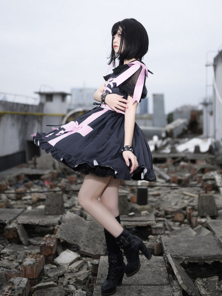 In Stock Dark Birdcage Skull Print Bowknot High Waist Lolita JSK